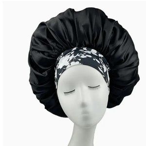 Women Satiny Bonnets for Sleeping Black White Floral Band